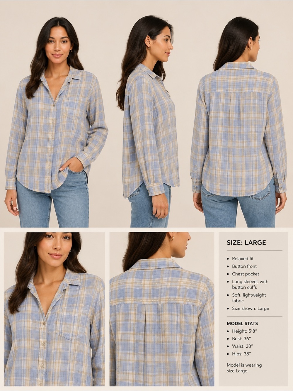GAP Plaid Button-Front Shirt in Light Blue & Cream